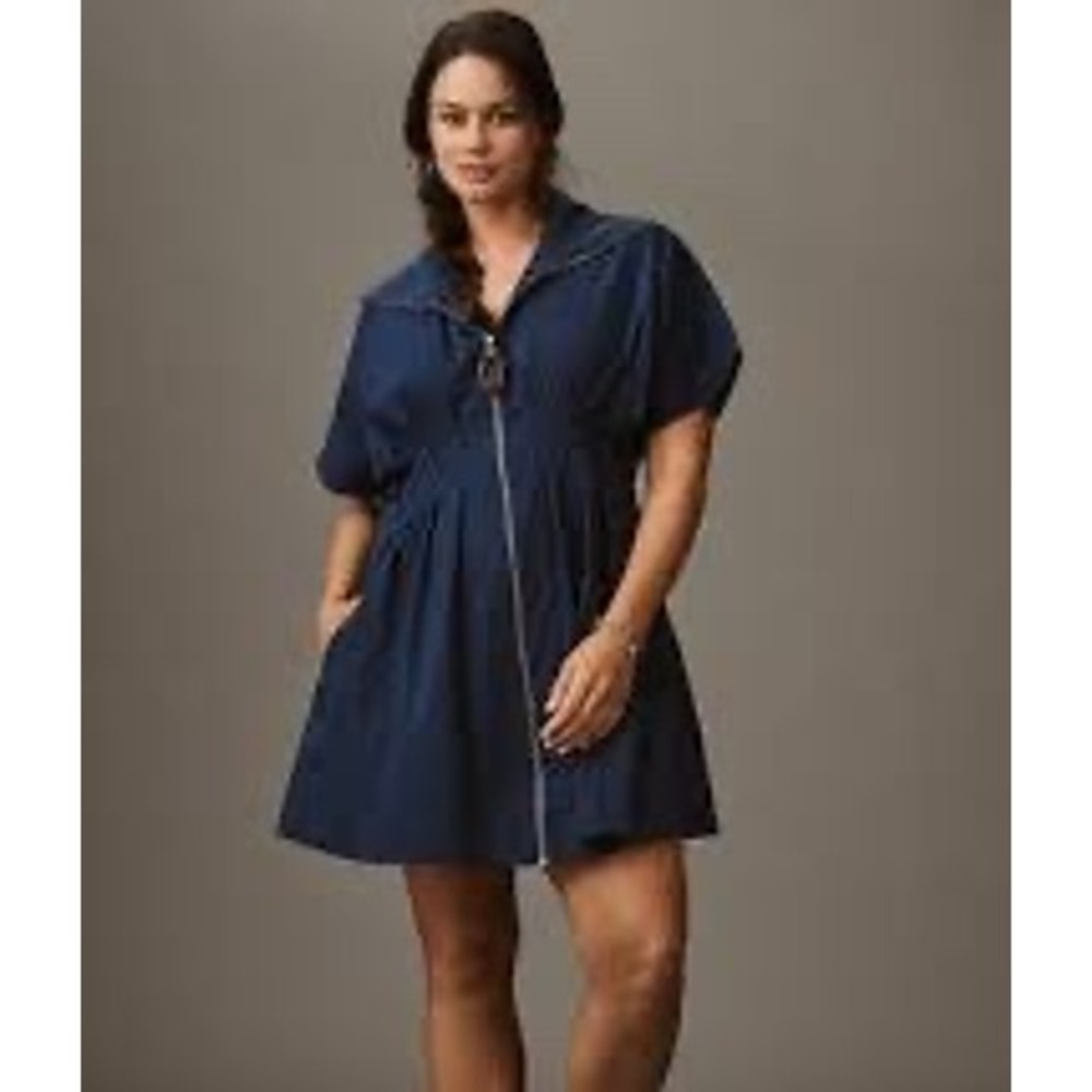 Anthropologie Exquise Tobie Zip Navy Blue Pleated Mini Dress MP Medium Petite